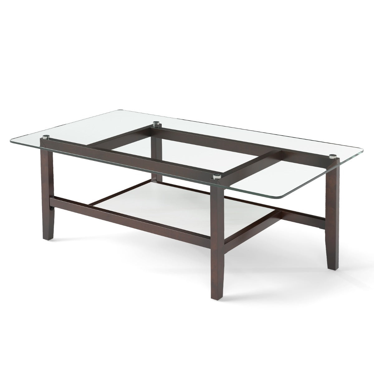 Mesa de Café de Vidro com 2 Níveis e Estante Pernas de Madeira de Borracha Maciça 107 x 60 x 42 cm Castanho
