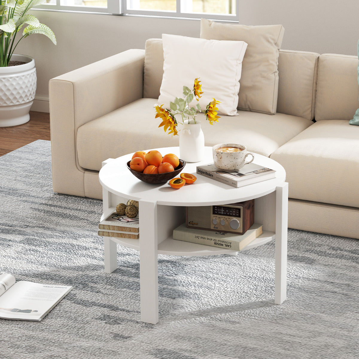 Mesa de Café Redonda de 2 Níveis com Armazenamento Mesa de Chá e Cocktail de 74,5 cm com 4 Prateleiras Mesa de Apoio Redonda para Casa Branca