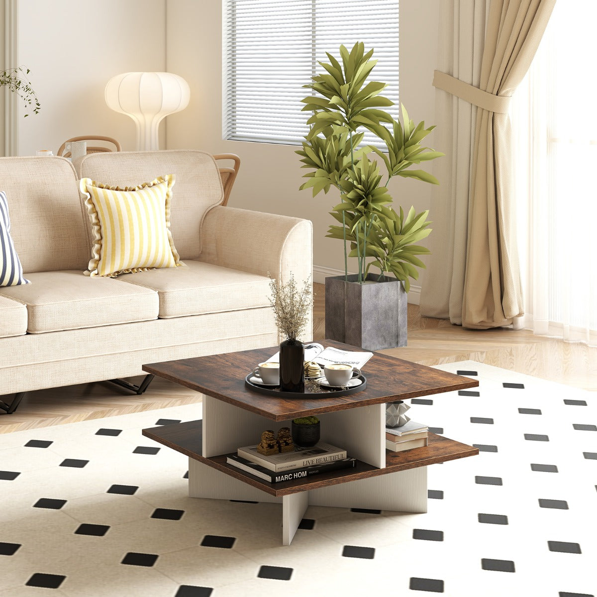 Mesa de Café Quadrada de 2 Níveis com 4 Compartimentos de Armazenamento Base em Forma de Cruz Castanho Rústico