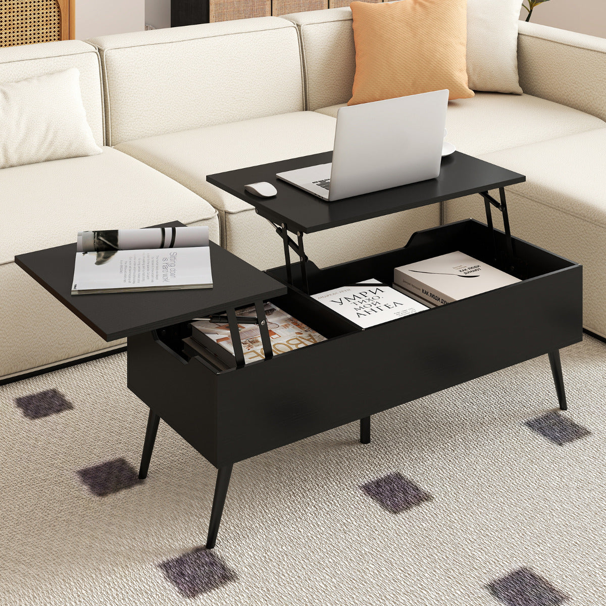 Mesa de Café Elevável Mesa de Centro Moderna com 2 Compartimentos de Armazenamento Ocultos Mesa Rebatível 111 x 48 x 40-53,5 cm Preto