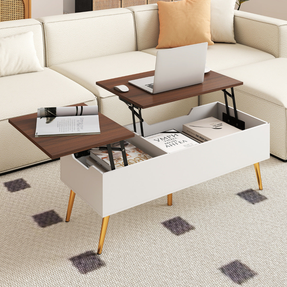 Mesa de Café Elevável Mesa de Centro Moderna com 2 Compartimentos de Armazenamento Ocultos Mesa Rebatível 111 x 48 x 40-53,5 cm Nogueira