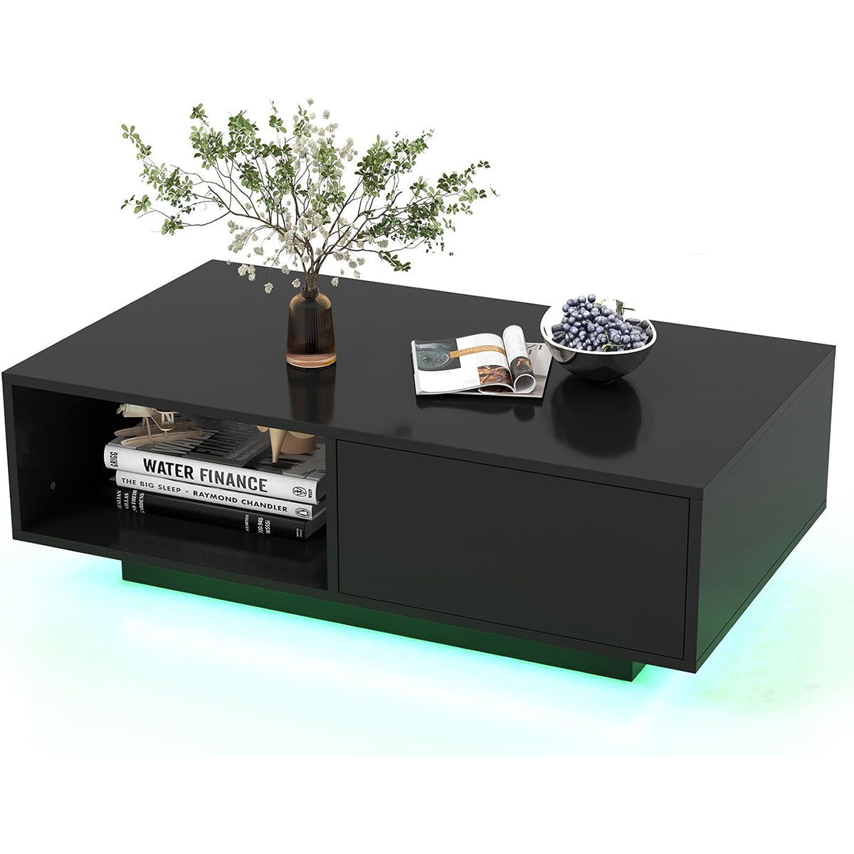 Mesa de Centro LED Moderna de Alto Brilho com Compartimento Aberto e Gaveta, Mesa Central com Luzes e Controlo Remoto Preto