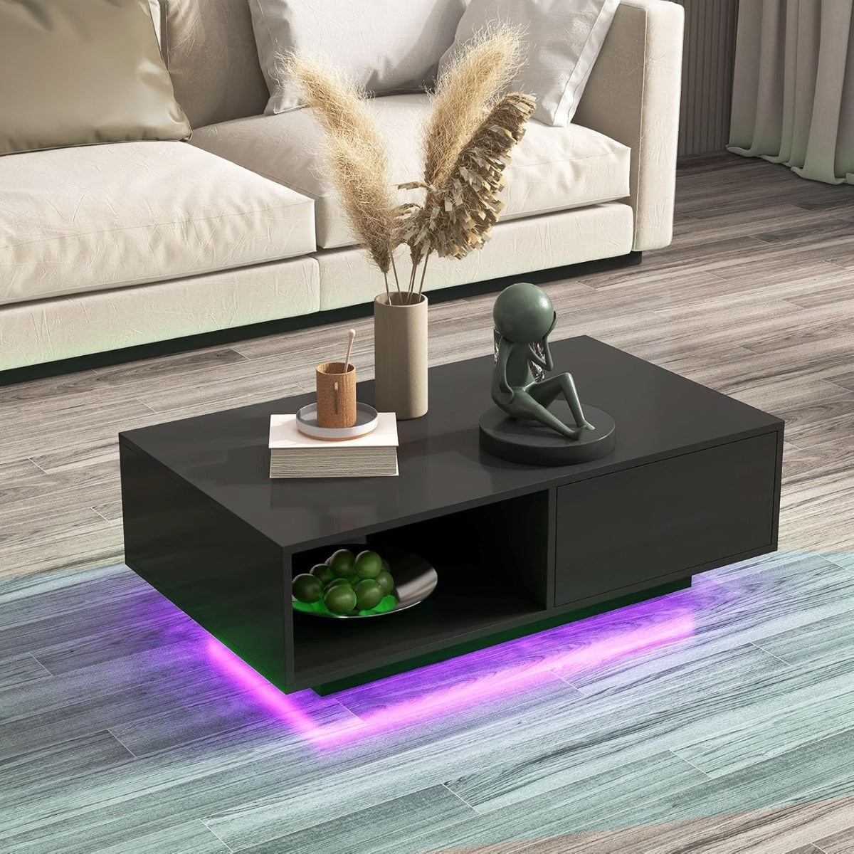 Mesa de Centro LED Moderna de Alto Brilho com Compartimento Aberto e Gaveta, Mesa Central com Luzes e Controlo Remoto Preto