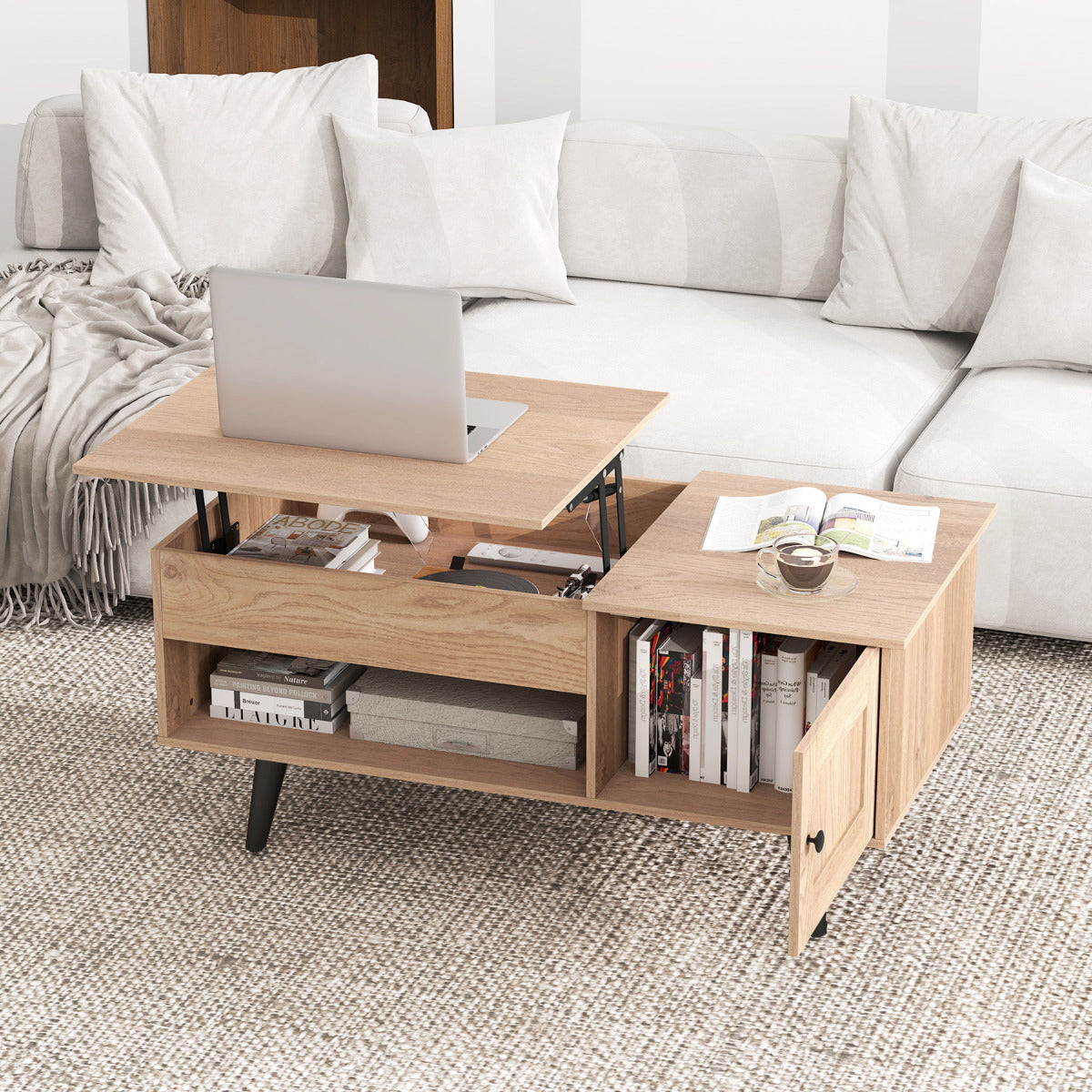 Mesa de Café com Tampo Elevatório e Armazenamento Mesa de Centro Rebatível com Compartimento Oculto e Estante para Casa Sala Natural
