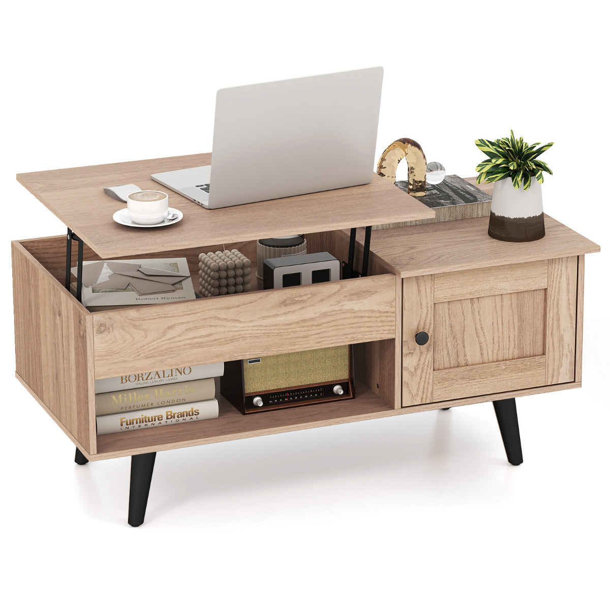 Mesa de Café com Tampo Elevatório e Armazenamento Mesa de Centro Rebatível com Compartimento Oculto e Estante para Casa Sala Natural