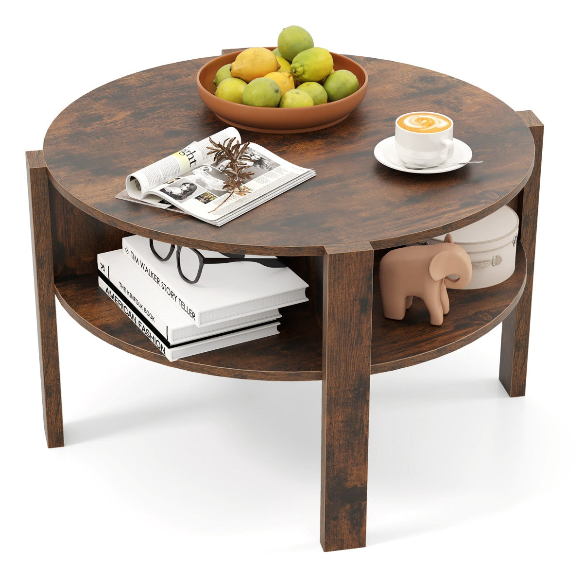 Mesa de Café Redonda de 2 Níveis com Armazenamento Mesa de Chá e Cocktail de 74,5 cm com 4 Prateleiras Mesa de Apoio Redonda para Casa - Castanho