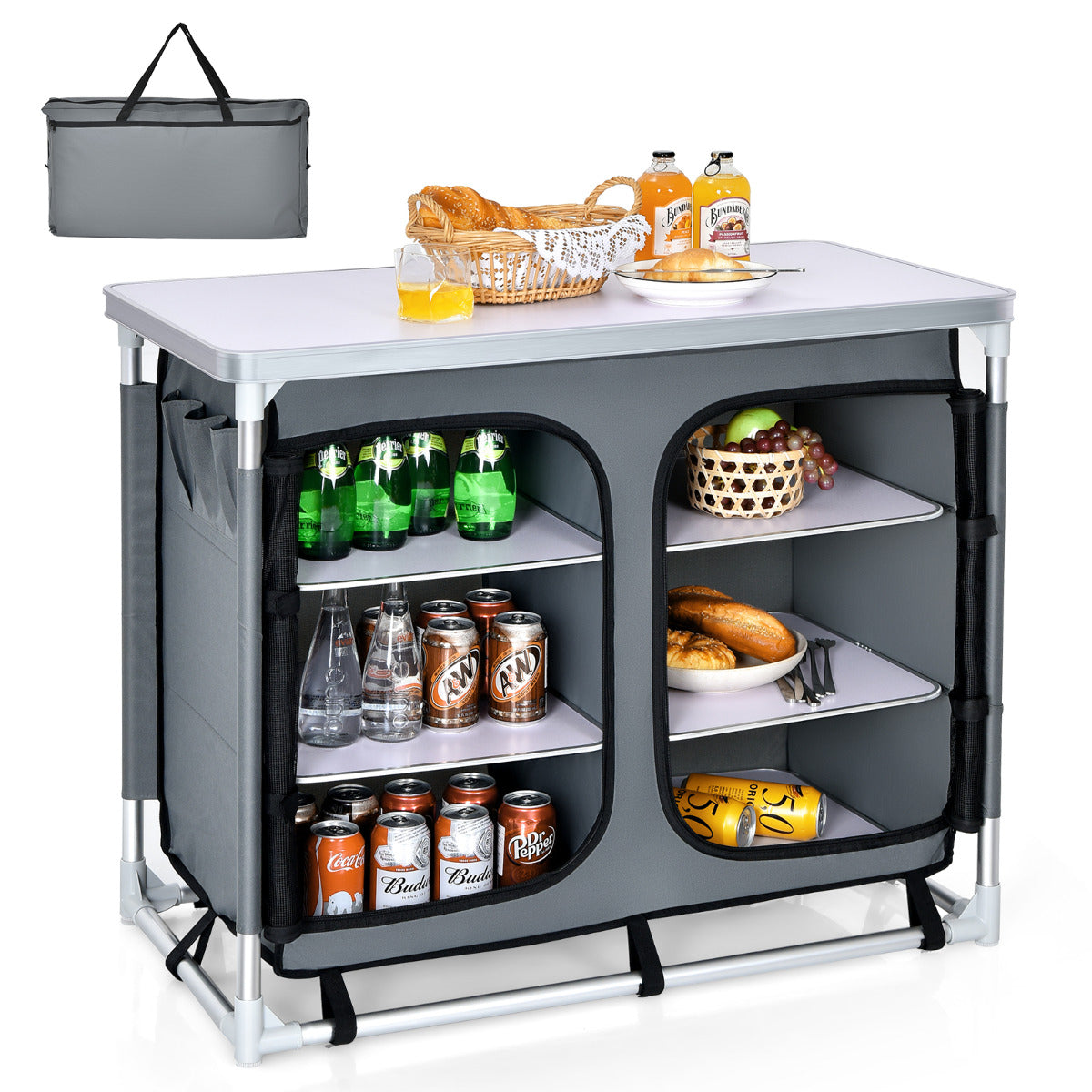 Mesa de Campismo Dobrável com Organizador e Bolsa com Fecho para Churrascos, Piqueniques e Festas no Parque de Estacionamento 96 x 49 x 80 cm Cinzento