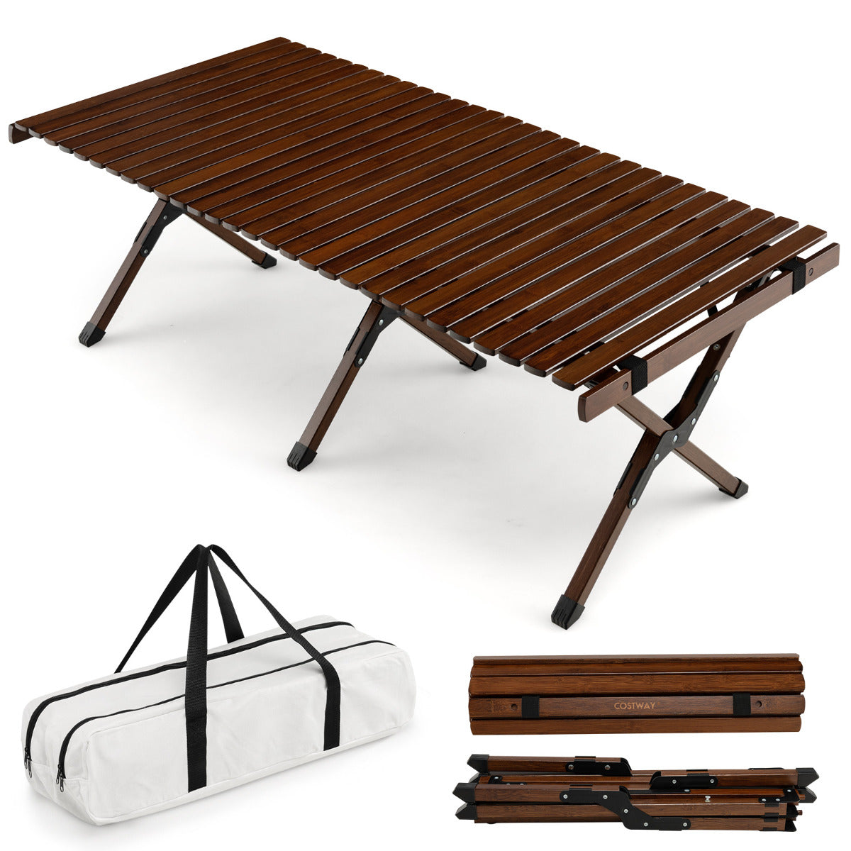 Mesa de Campismo Dobrável em Bambu Mesa de Piquenique Portátil com Saco de Transporte para Churrascos Pátio Jardim Praia 122 x 60 x 43,5 cm Café