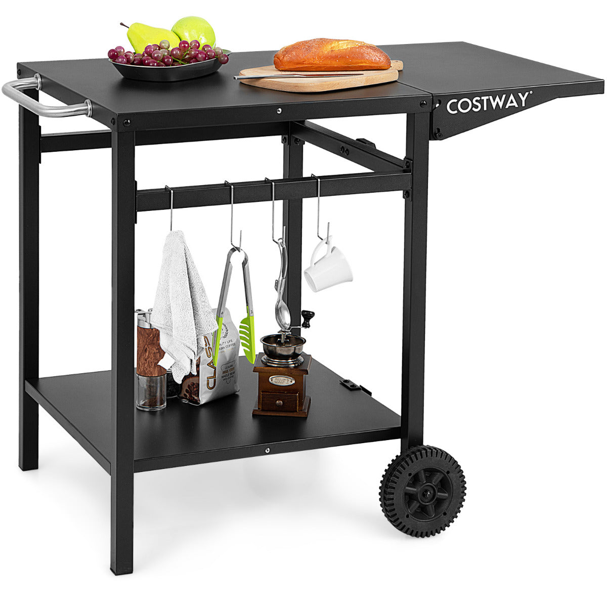 Carro de Comedor Móvel com Mesa de Duplo Prateleira e Tampo Dobrável 4 Ganchos Extra para Pátio Terraço 96,5 x 64 x 75,5 cm Preto