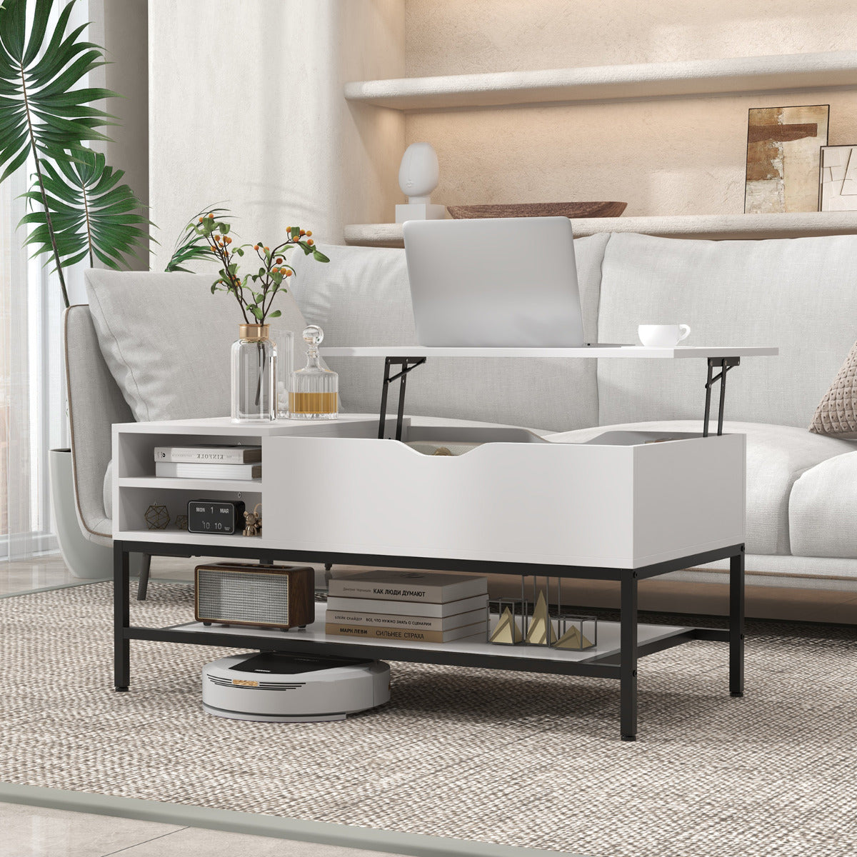 Mesa de Centro Elevável com Compartimento Oculto e Estante de Armazenamento Removível em Metal Branco