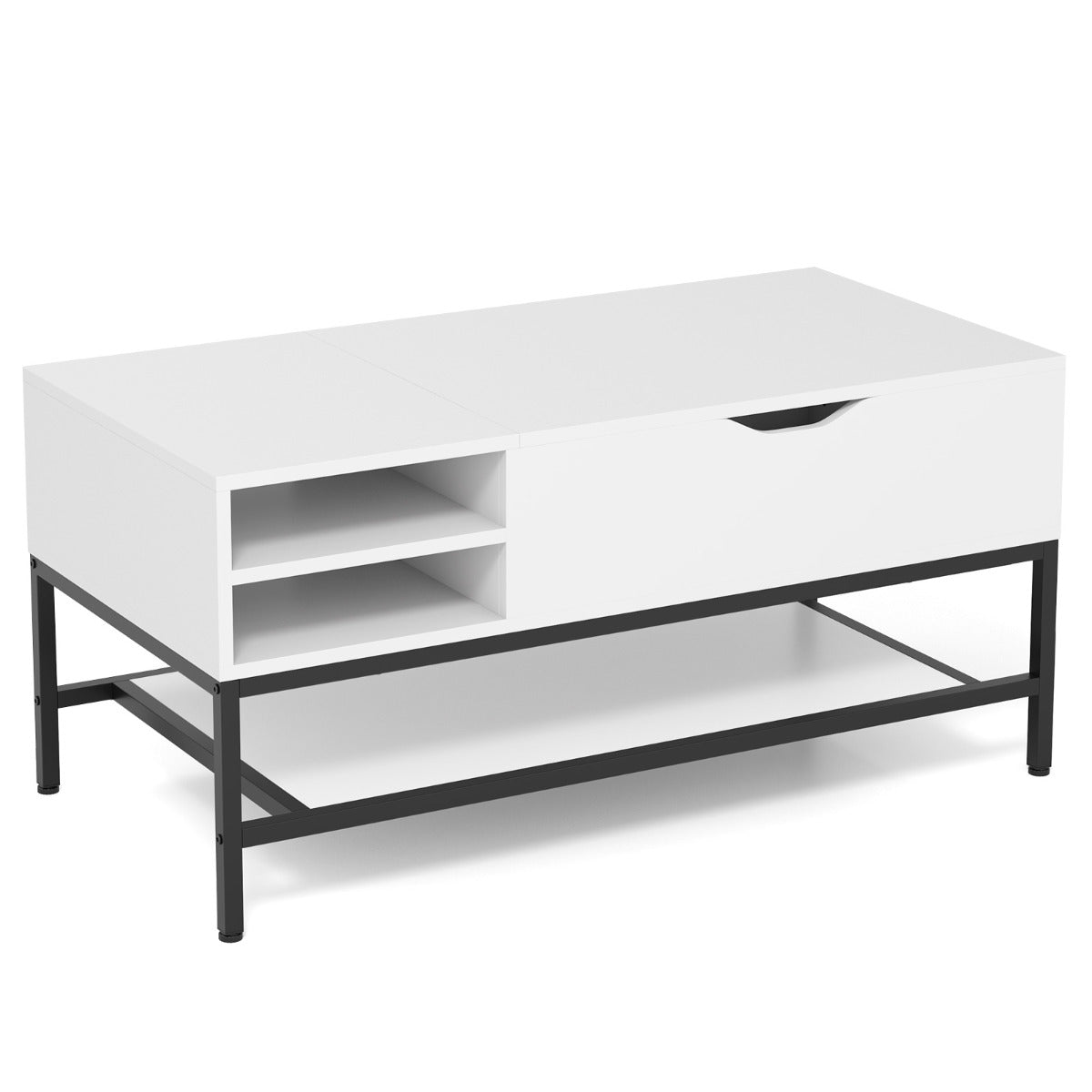 Mesa de Centro Elevável com Compartimento Oculto e Estante de Armazenamento Removível em Metal Branco
