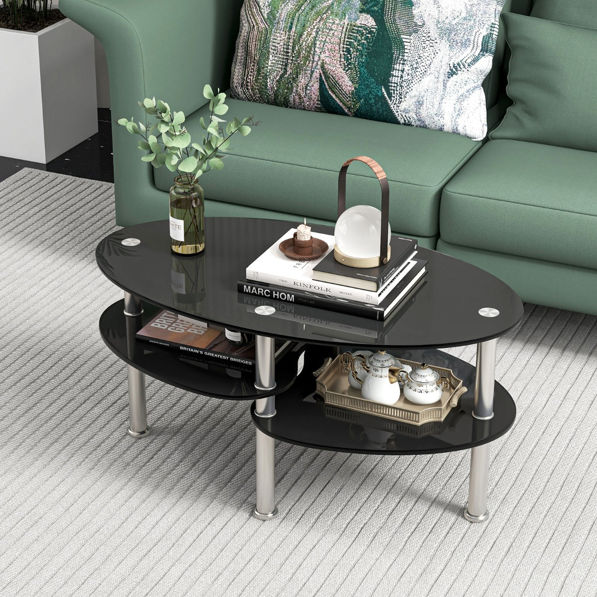 Mesa de Centro em Vidro Temperado com 3 Camadas de Arrumação 89 x 51 x 45,5 cm Preto