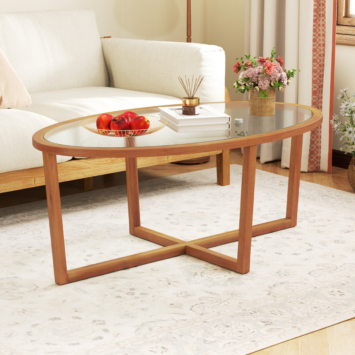 Mesa de Centro Ovalada de Vidro Moderna para Sala de Estar