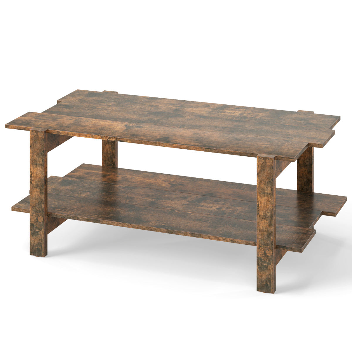 Mesa de Centro de 2 Níveis em Madeira com Prateleira de Armazenamento Mesa Auxiliar Retangular para Sala de Estar Castanha