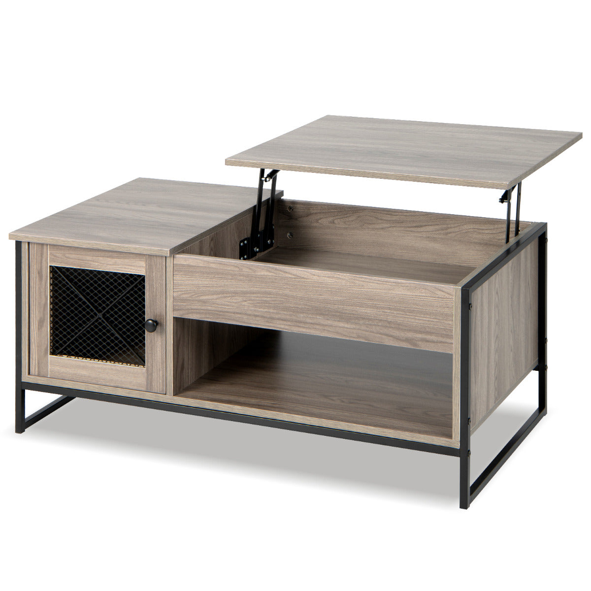 Mesa de Centro com Tampo Elevatório Mesa Auxiliar Industrial Mesa de Café com Compartimento Armário de 2 Portas 106 x 55 x 44,5 cm