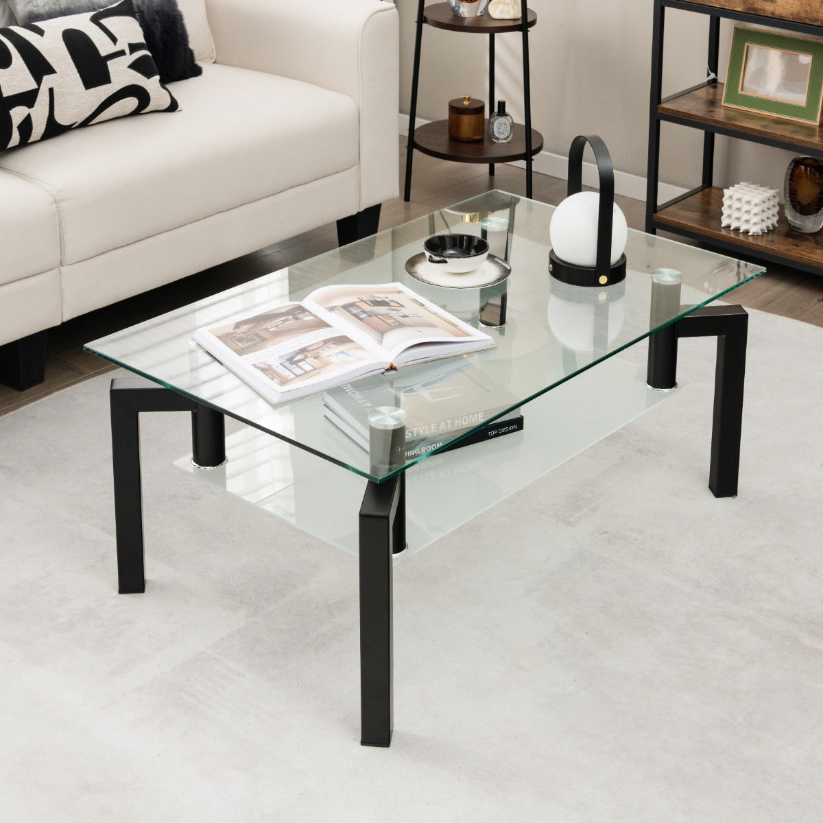 Mesa de Centro de Cristal Retangular Moderna de 2 Níveis Tabuleiro Prateleira de Vidro Temperado Mesa Baixa para Sala 100 x 60 x 43 cm Preto