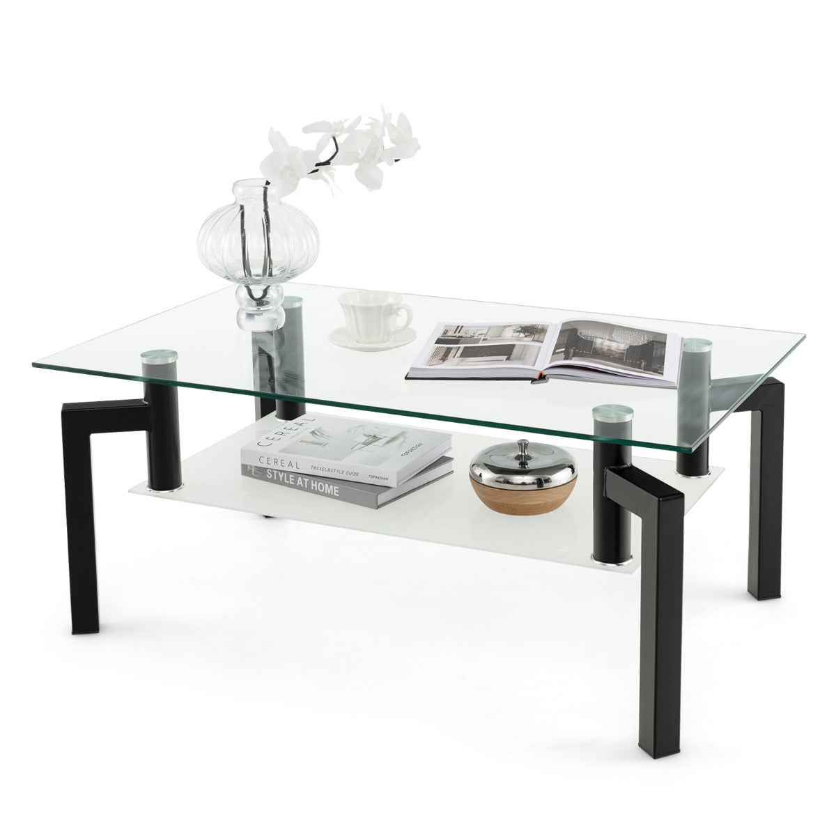 Mesa de Centro de Cristal Retangular Moderna de 2 Níveis Tabuleiro Prateleira de Vidro Temperado Mesa Baixa para Sala 100 x 60 x 43 cm Preto