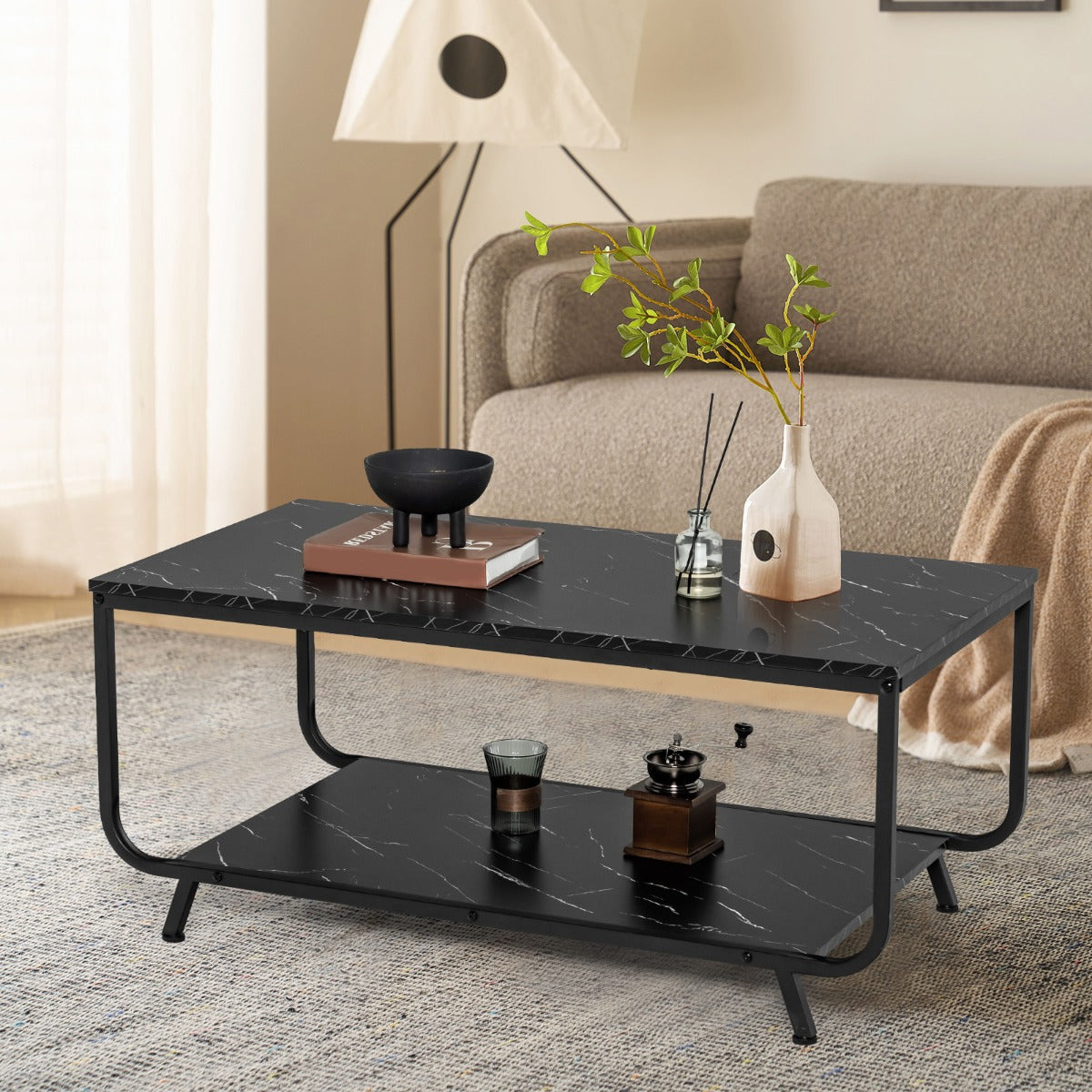 Mesa de Centro de Mármore Moderna com Prateleira de Armazenamento para Sala de Estar ou Escritório 105 x 55 x 46,5 cm Preto