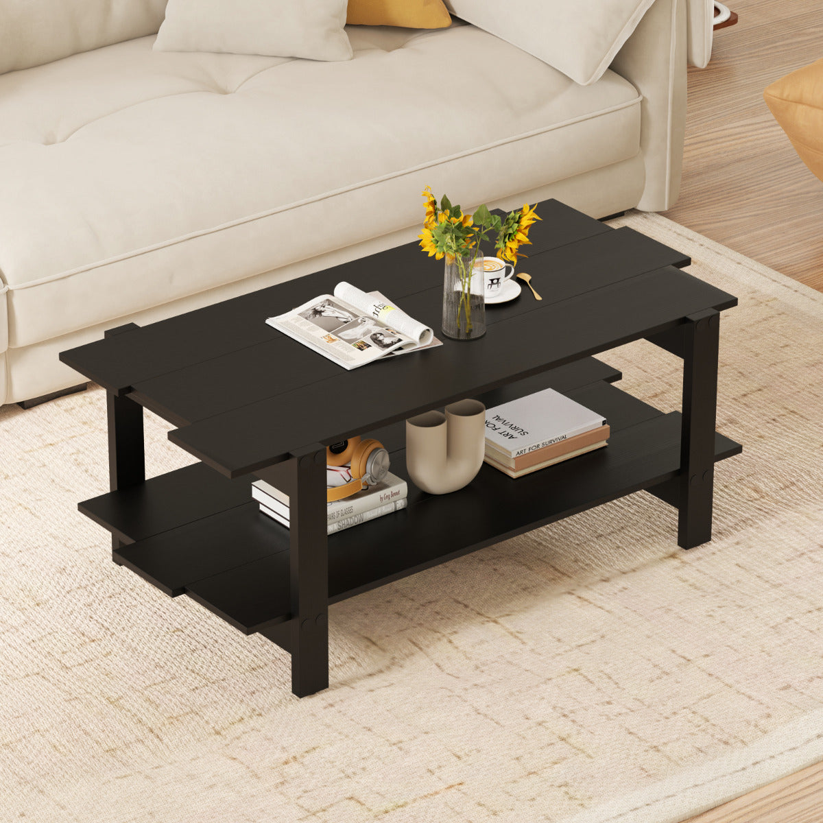 Mesa de Centro de 2 Níveis em Madeira com Prateleira de Armazenamento - Preto