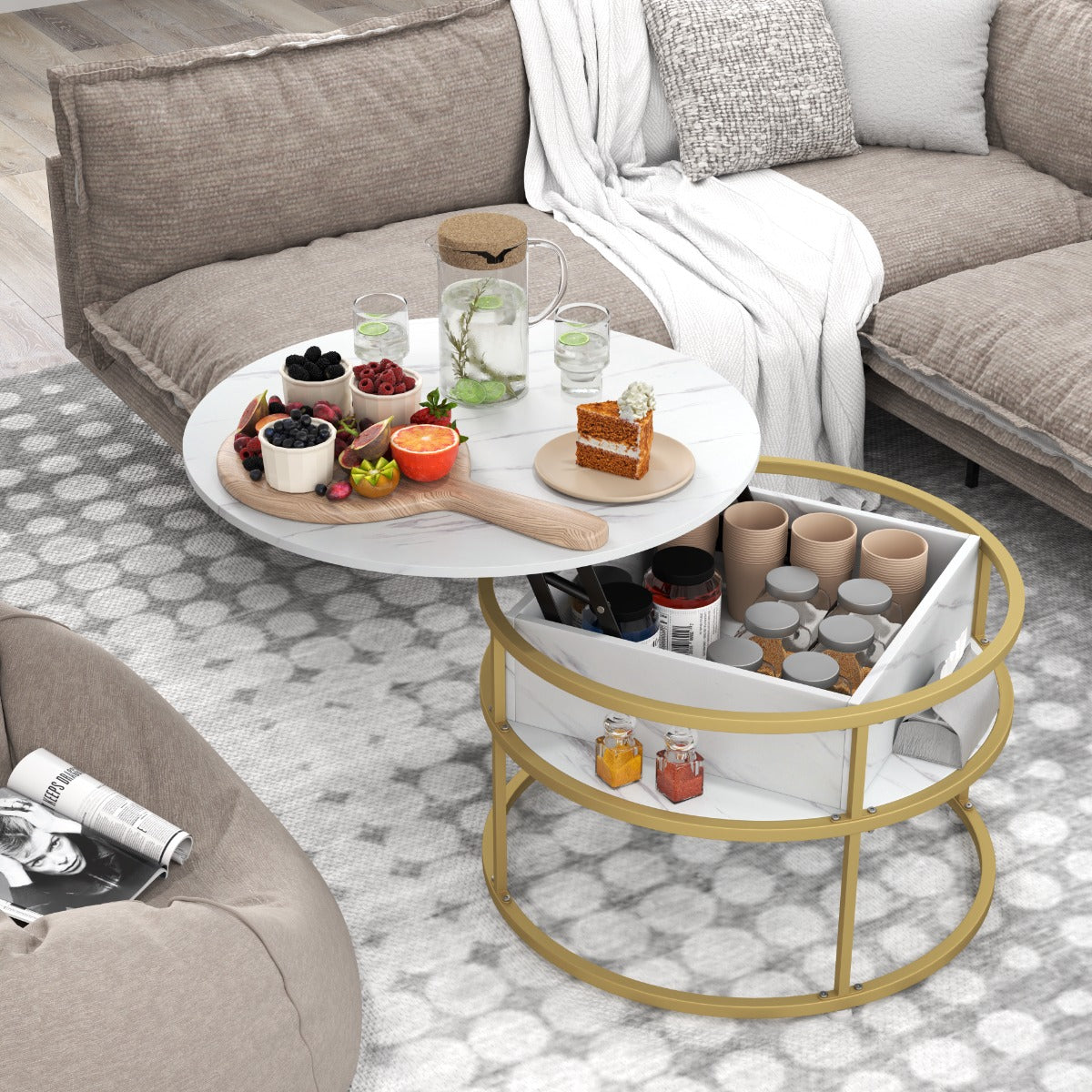 Mesa de Centro Elevável Redonda de 80 cm com Compartimento Oculto e Estantes Laterais - Branco