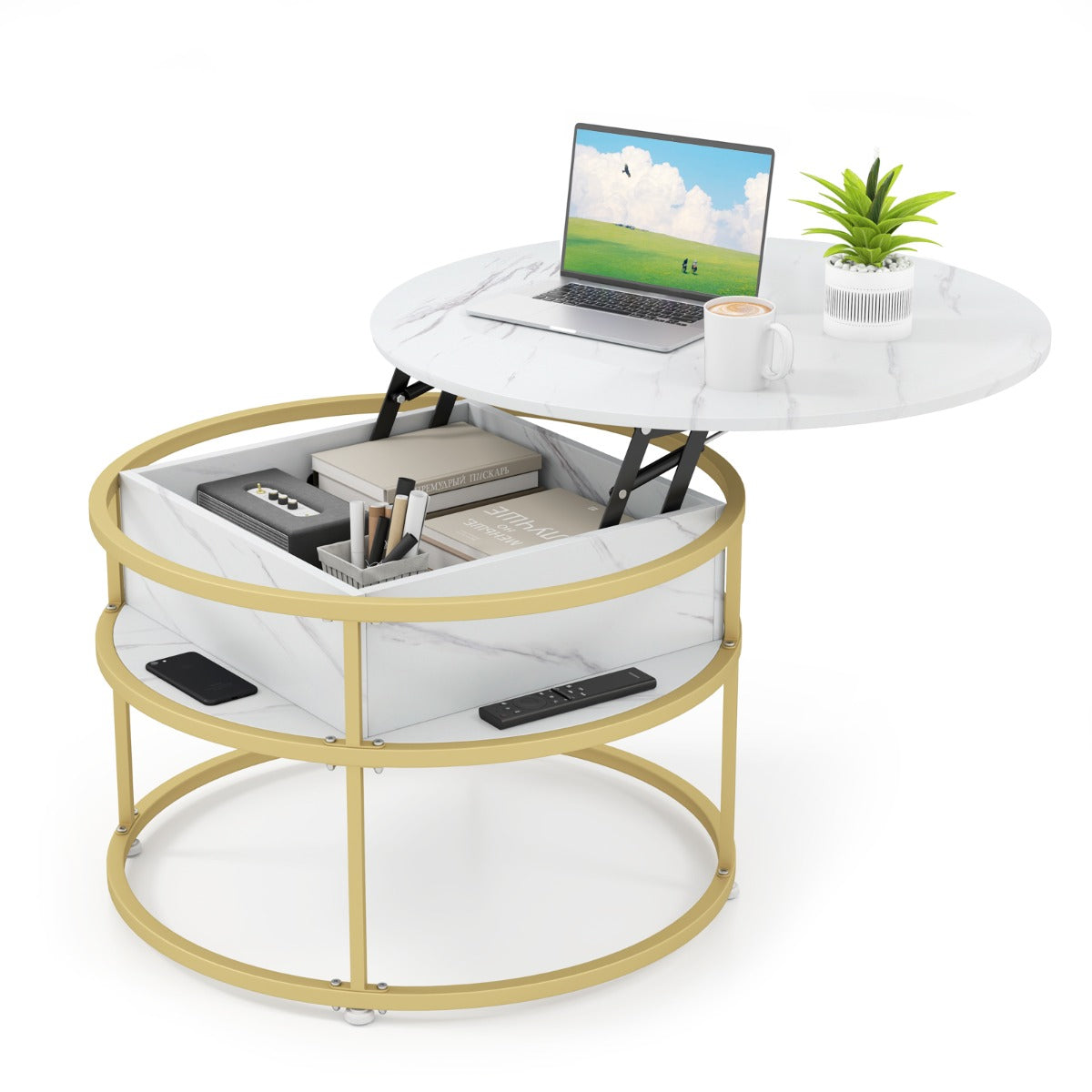 Mesa de Centro Elevável Redonda de 80 cm com Compartimento Oculto e Estantes Laterais - Branco