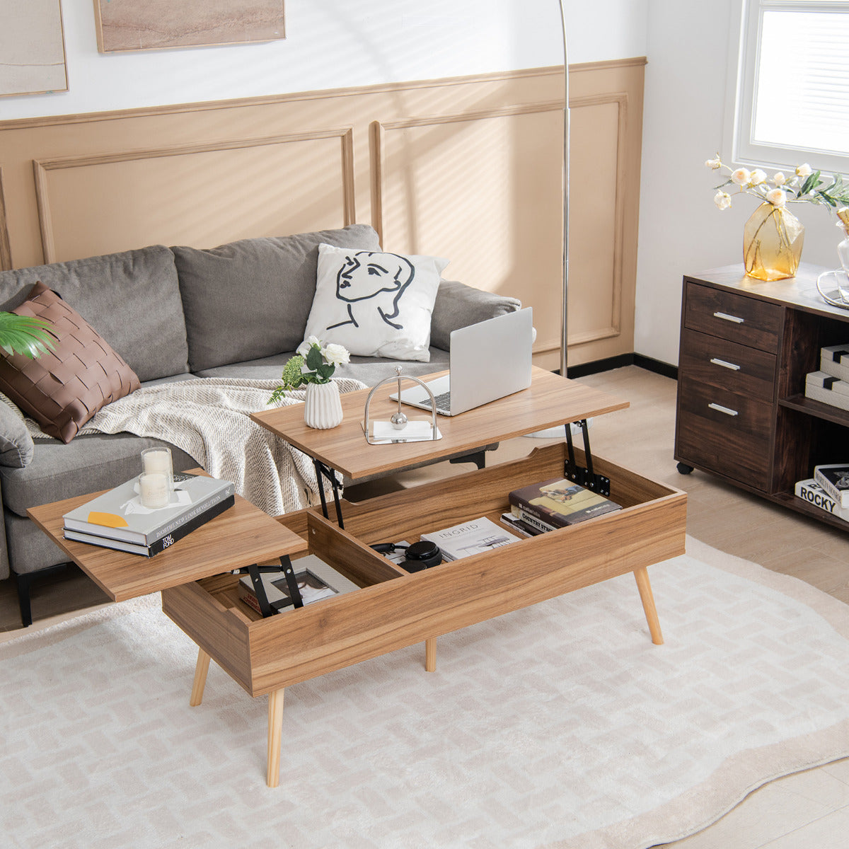 Mesa de Centro Elevável com Armazenamento Barras Pneumáticas 2 Compartimentos Ocultos Mesa Auxiliar de Café para Sala 120 x 49 x 42 cm Castanho