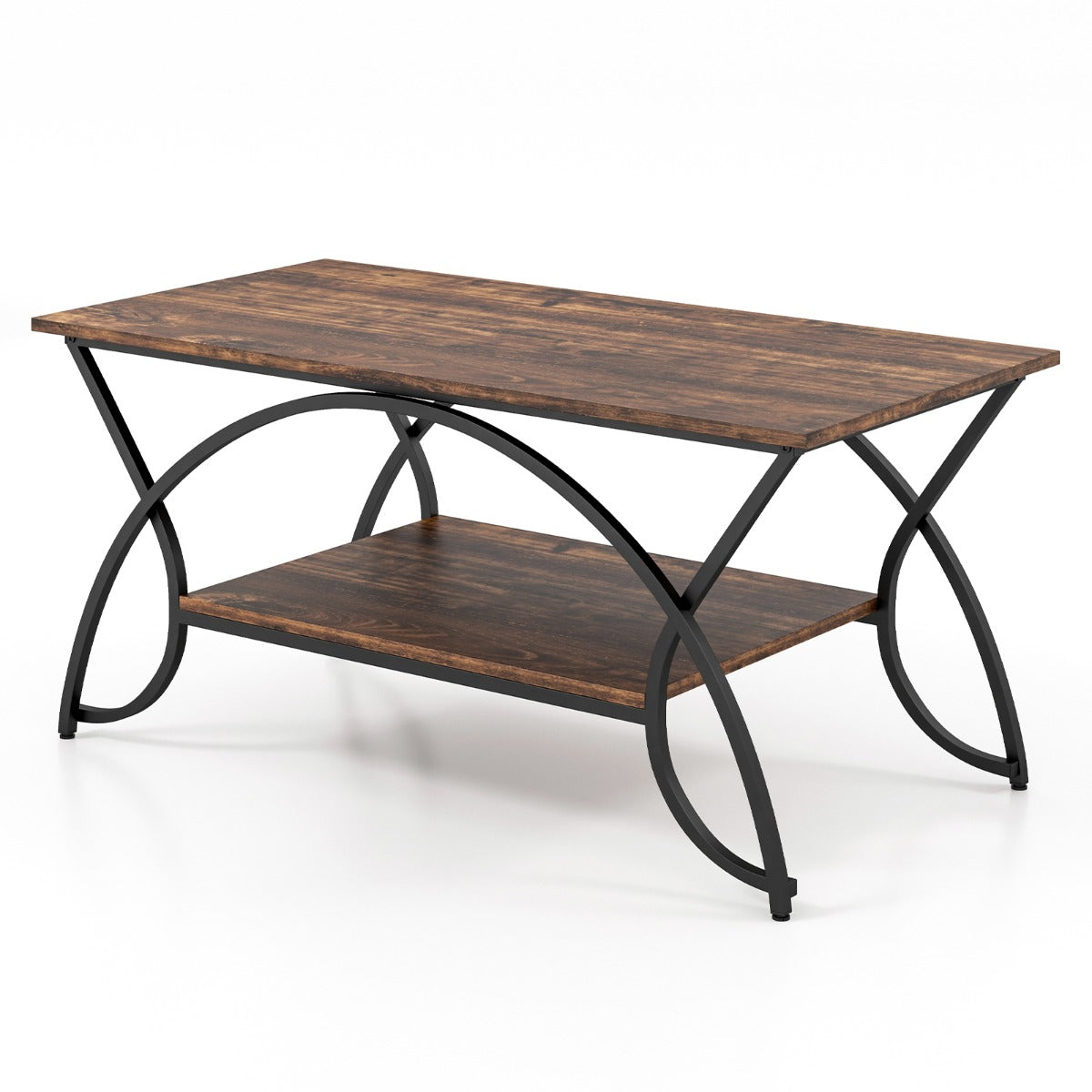 Mesa de Centro Moderna Imitação de Mármore Mesa Baixa 2 Níveis Estrutura de Metal Prateleira para Sala 100 x 50 x 45 cm - Castanho