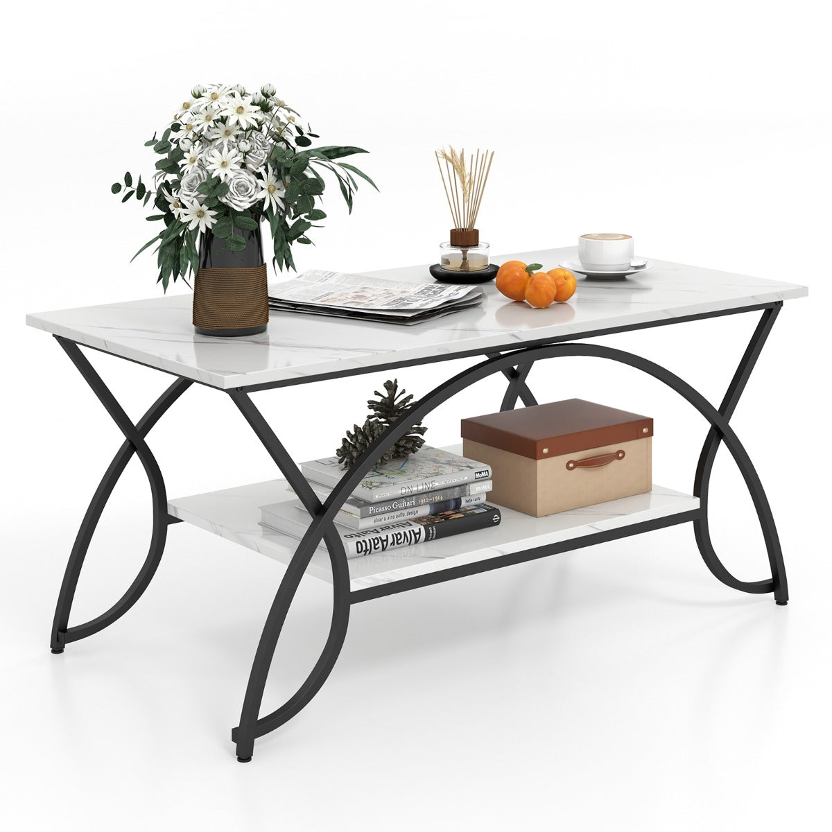 Mesa de Centro Moderna Imitação de Mármore Mesa Baixa 2 Níveis Estrutura em Metal Prateleira para Sala 100 x 50 x 45 cm - Preto+Branco