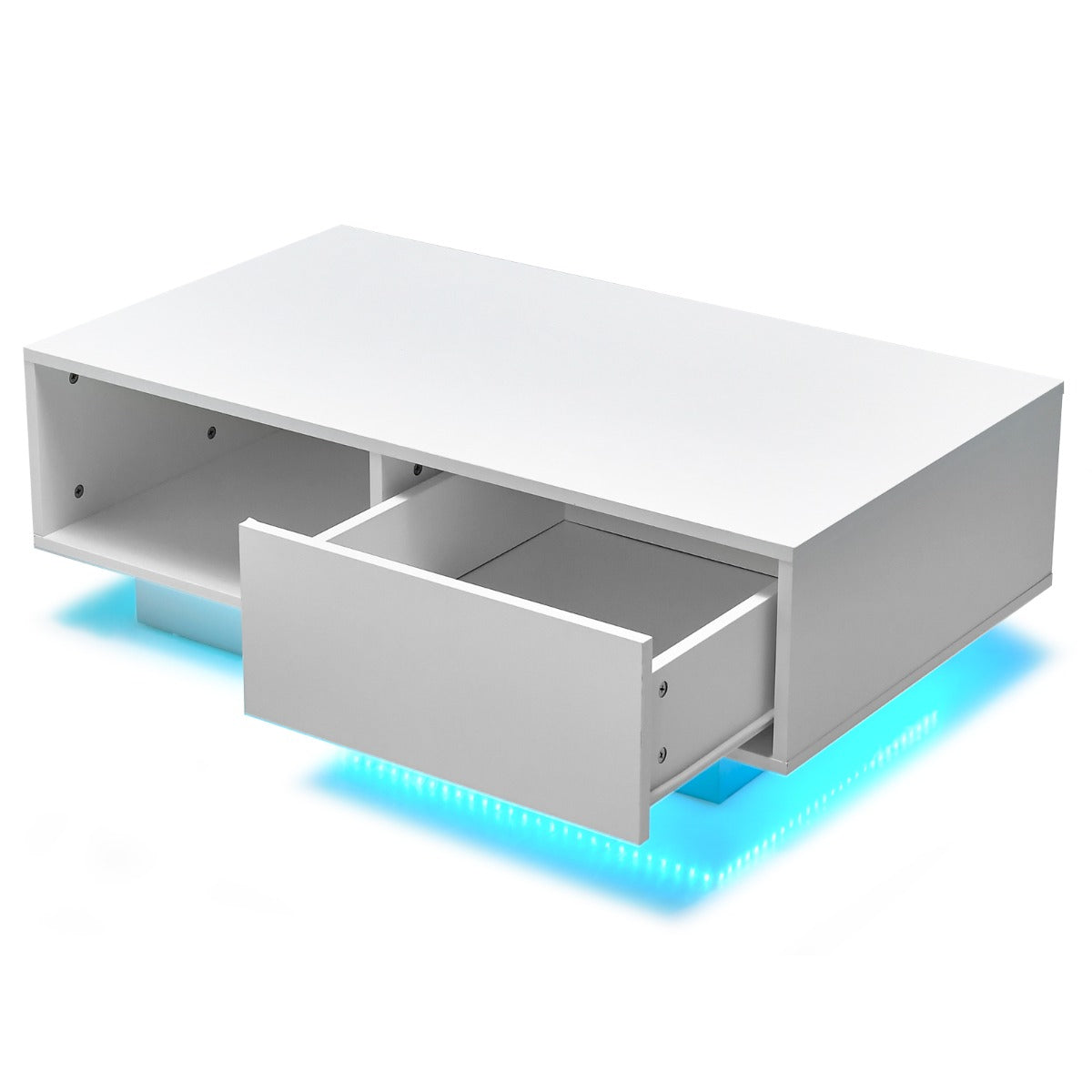 Mesa de Centro LED com Controlo Remoto Gaveta e Prateleira Aberta Mesa Retangular Moderna para Sala de Estar 95 x 55 x 31 cm Branco