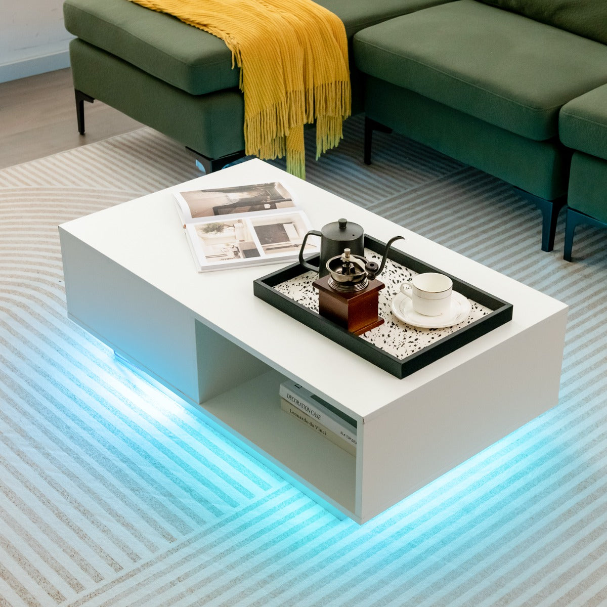 Mesa de Centro LED com Controlo Remoto Gaveta e Prateleira Aberta Mesa Retangular Moderna para Sala de Estar 95 x 55 x 31 cm Branco