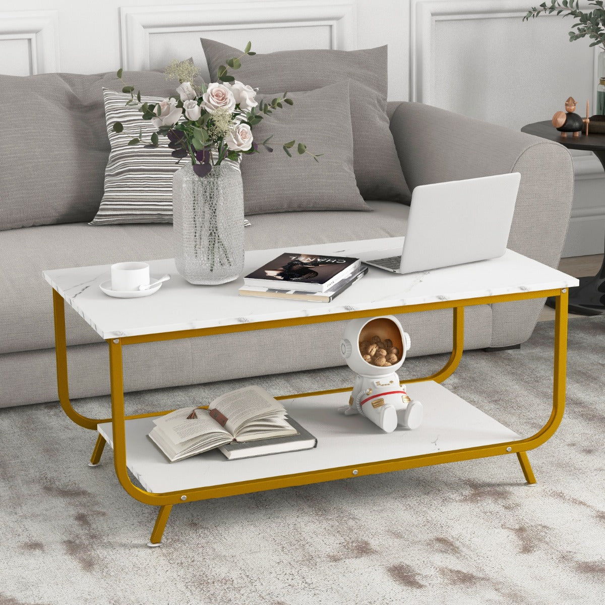 Mesa de Centro de Mármore Moderna com Estante de Arrumação para Sala de Estar Escritório 105 x 55 x 46,5 cm Branco