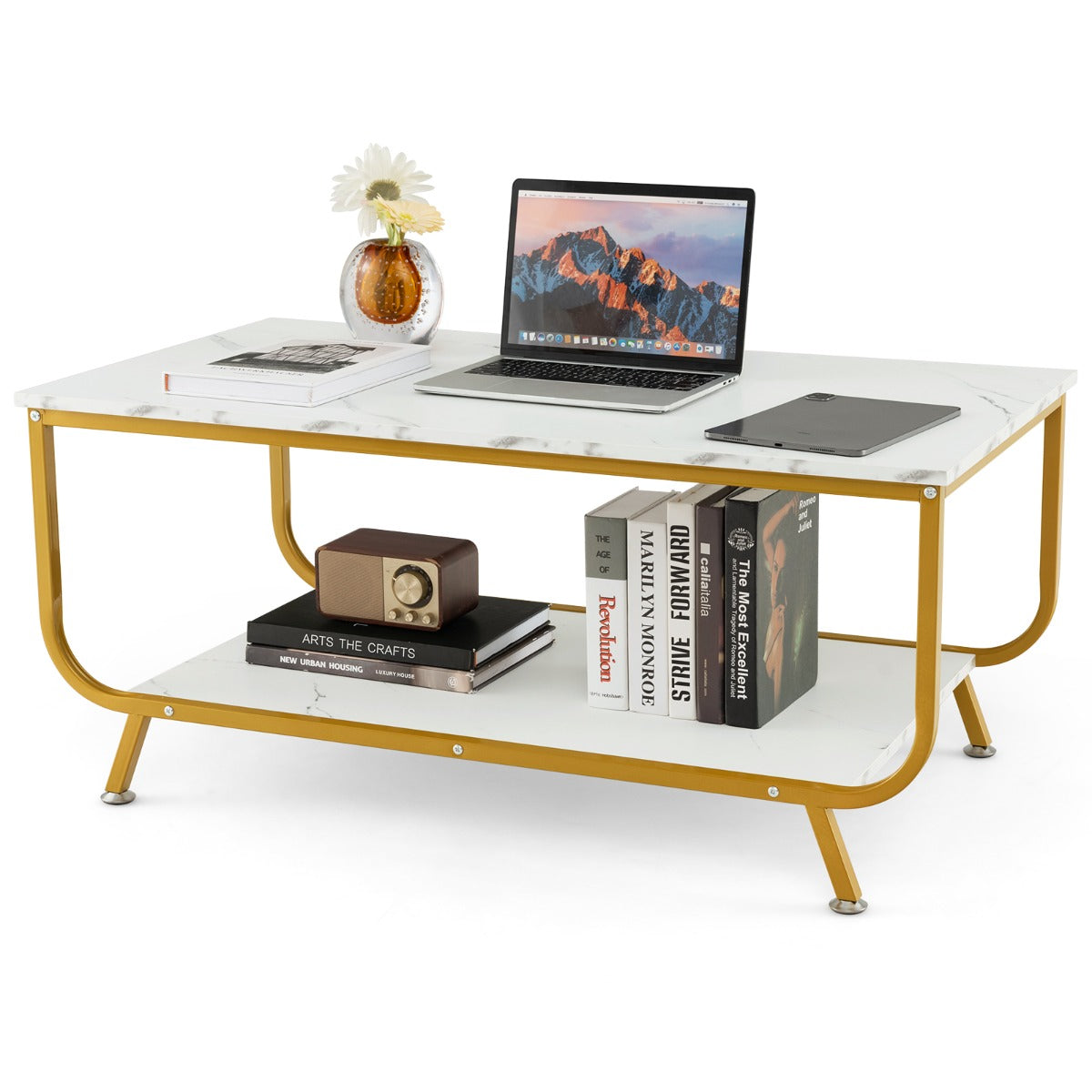 Mesa de Centro de Mármore Moderna com Estante de Arrumação para Sala de Estar Escritório 105 x 55 x 46,5 cm Branco
