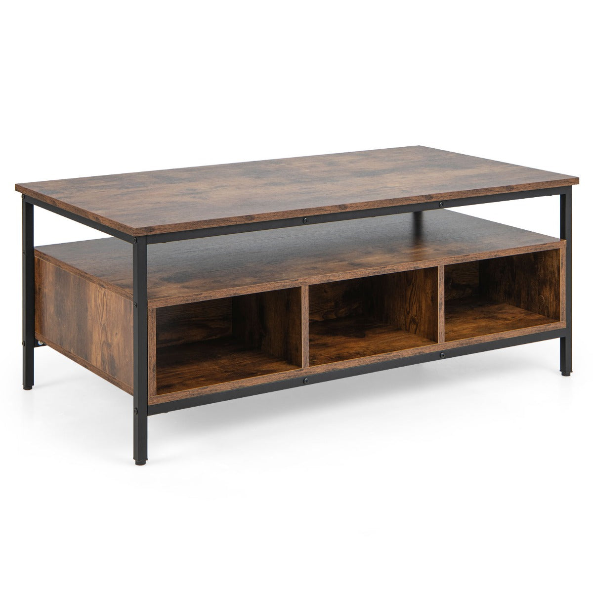 Mesa de Centro de 3 Níveis com Armazenamento Mesa de Cocktails Industrial com Estrutura de Metal Mesa de Chá com Prateleira para Sala Castanha