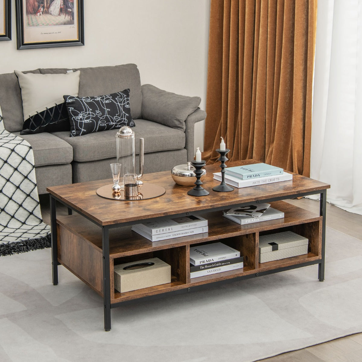 Mesa de Centro de 3 Níveis com Armazenamento Mesa de Cocktails Industrial com Estrutura de Metal Mesa de Chá com Prateleira para Sala Castanha