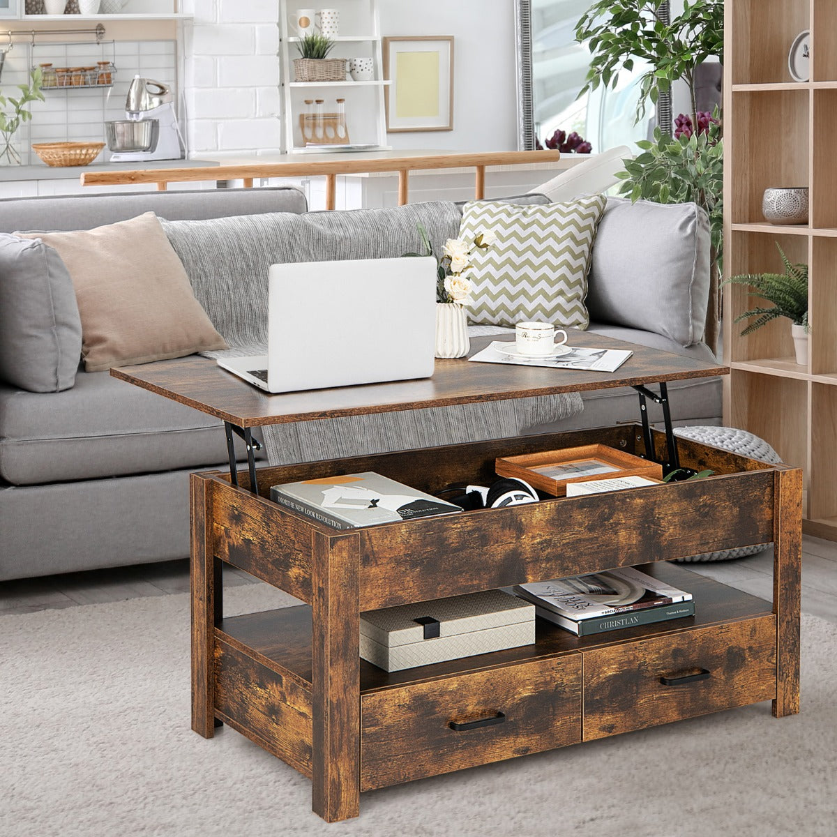 Mesa de Centro com Tampo Elevatório, Compartimento de Armazenamento e 2 Gavetas Sistema Pneumático 106 x 74 x 61 cm Castanho