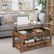 Mesa de Centro com Tampo Elevatório, Compartimento de Armazenamento e 2 Gavetas Sistema Pneumático 106 x 74 x 61 cm Castanho