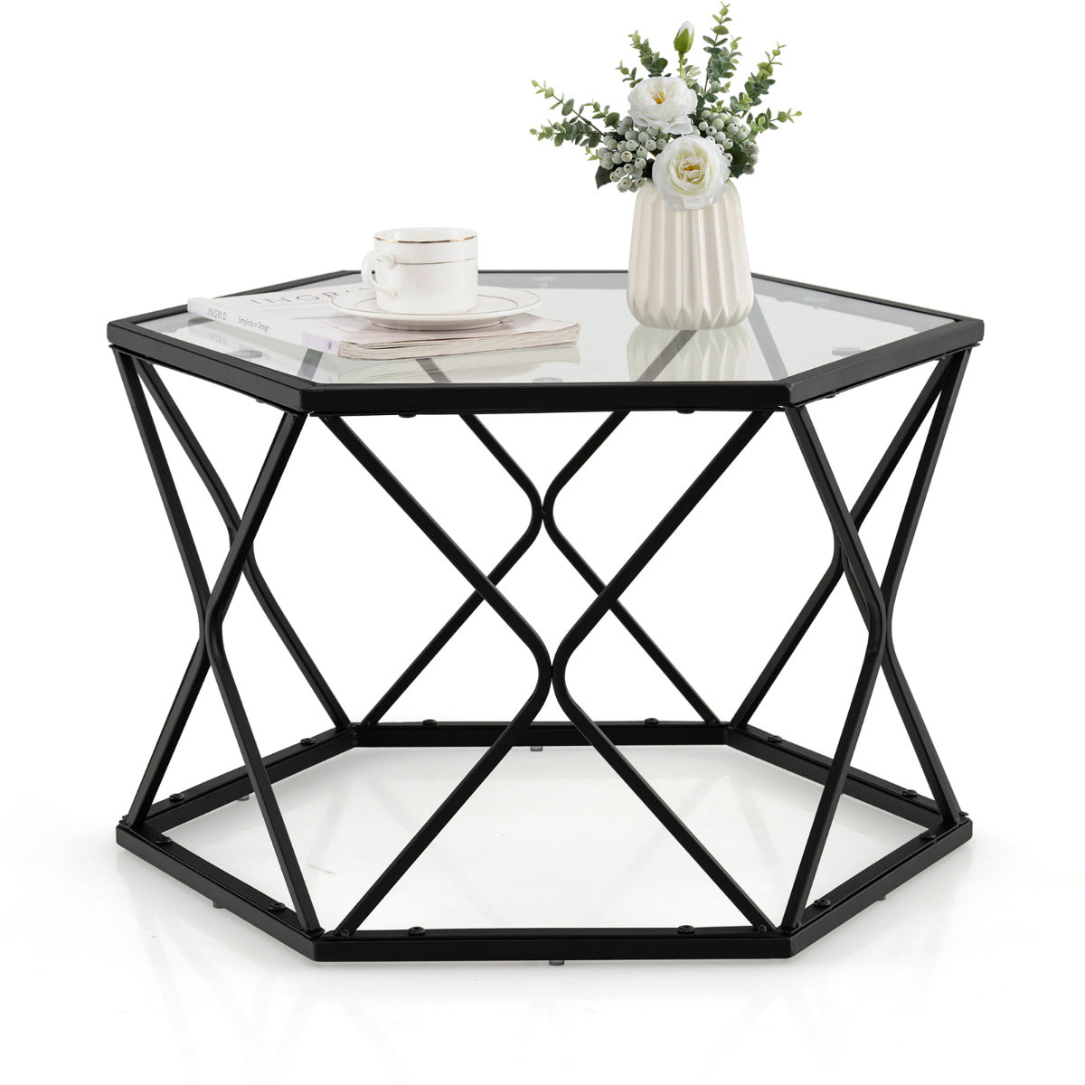 Mesa de Centro Geométrica de Cristal Templado Mesa Baja Hexagonal Patas de Metal Compacta para Sala de Estar 65 x 56 x 40 cm Preto