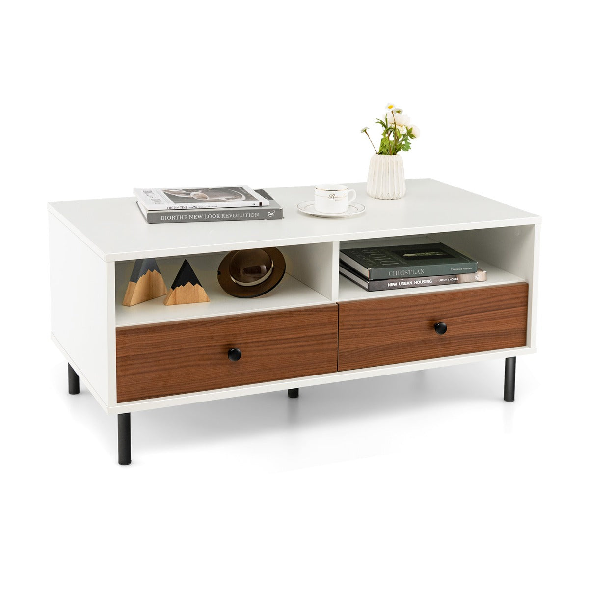 Mesa de Centro de Madeira com 2 Gavetas 2 Prateleiras de Armazenamento Retangular Multifuncional Fácil Montagem Mesa Auxiliar Branca
