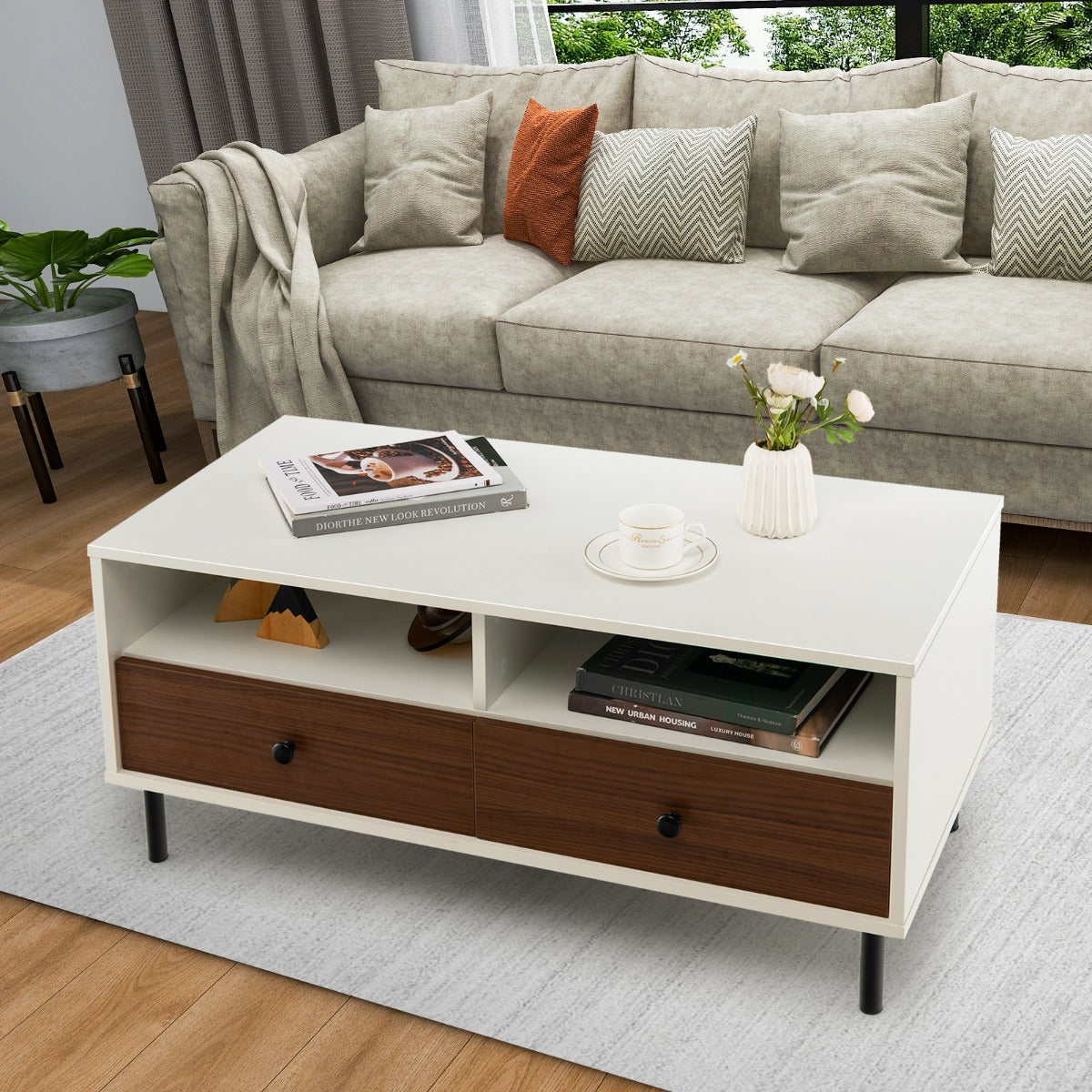 Mesa de Centro de Madeira com 2 Gavetas 2 Prateleiras de Armazenamento Retangular Multifuncional Fácil Montagem Mesa Auxiliar Branca