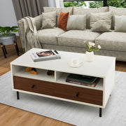Mesa de Centro de Madeira com 2 Gavetas 2 Prateleiras de Armazenamento Retangular Multifuncional Fácil Montagem Mesa Auxiliar Branca