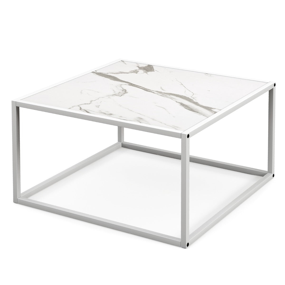 Mesa de Centro Quadrada Moderna em Imitação de Mármore Estrutura em Aço Mesa de Cocktail para Sala 70 x 70 x 40 cm Branca