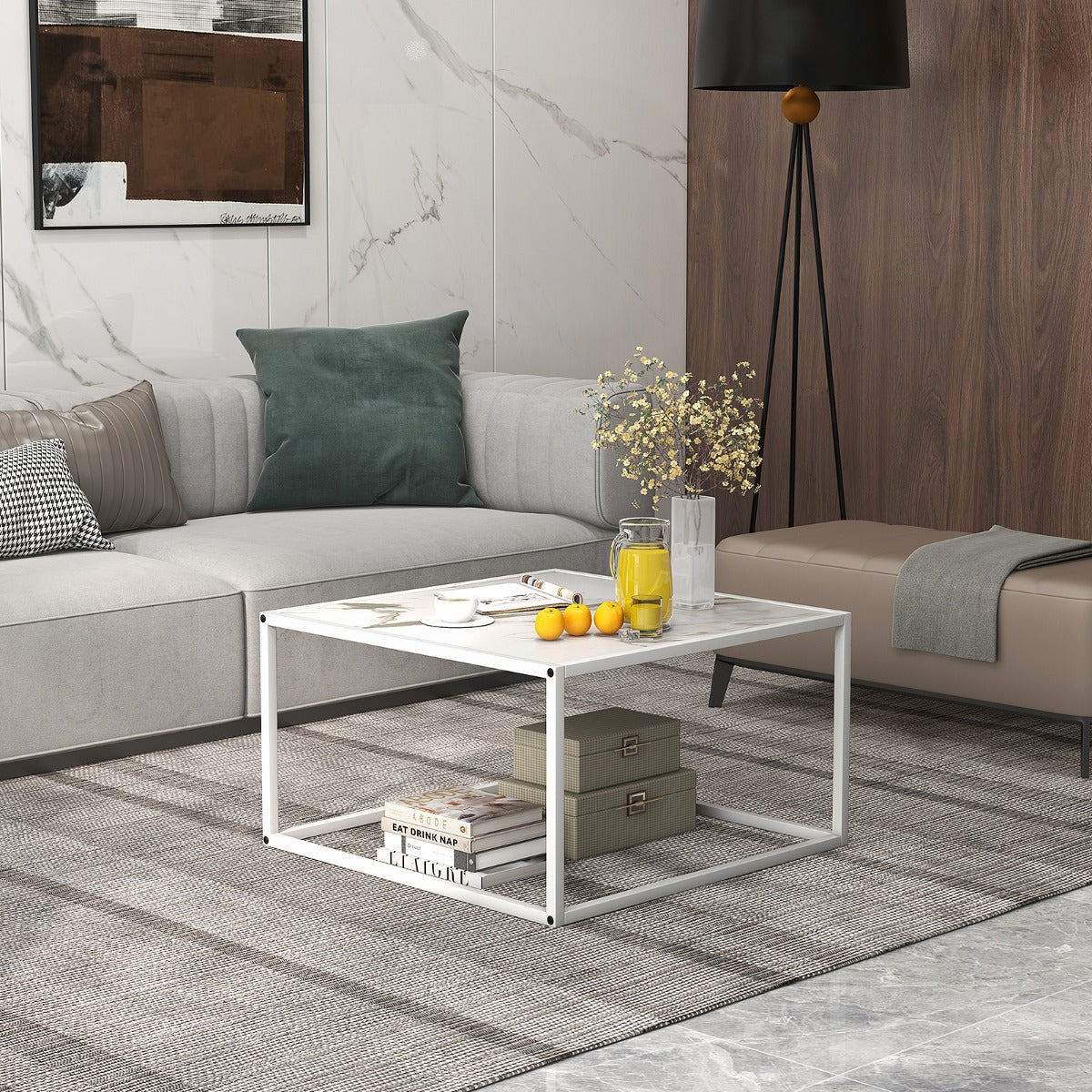 Mesa de Centro Quadrada Moderna em Imitação de Mármore Estrutura em Aço Mesa de Cocktail para Sala 70 x 70 x 40 cm Branca