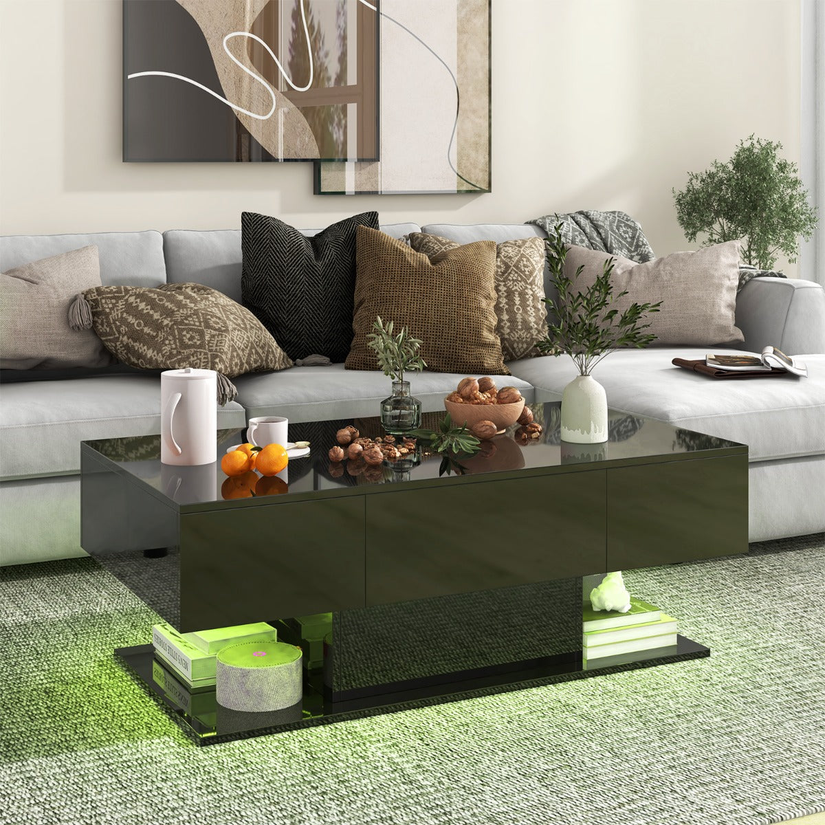 Mesa de Centro LED Moderna de 2 Níveis com 20 Luzes LED de Cores 2 Gavetas de Arrumação Mesa Retangular 110 x 60 x 40 cm Preto
