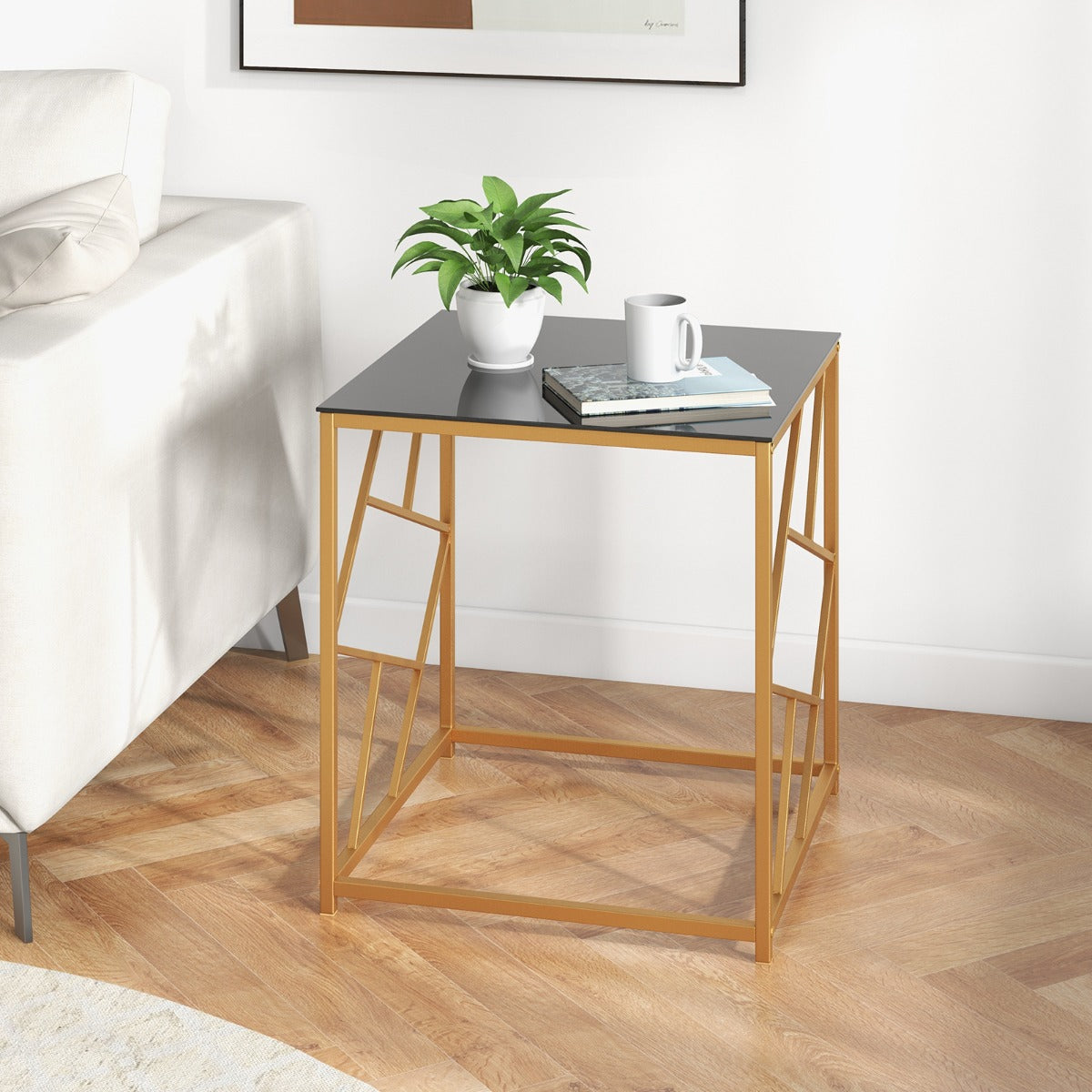 Mesa de Centro Quadrada com Tampo de Vidro Temperado Mesinha Auxiliar para Sala de Estar e Quarto 50 x 50 x 55 cm Branco