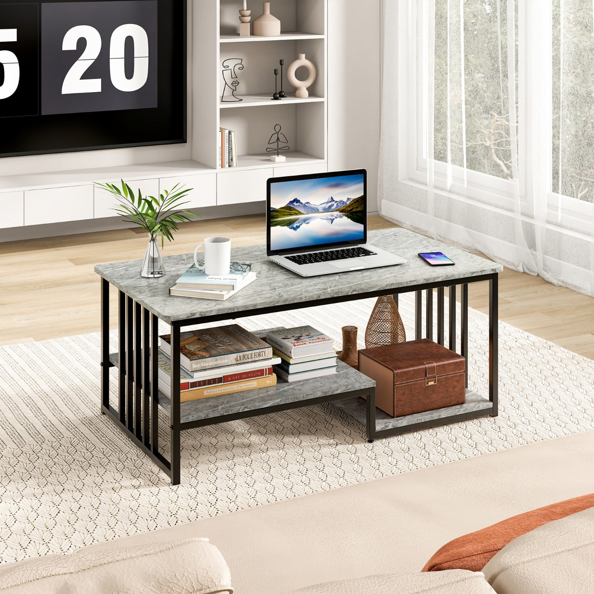 Mesa de Centro de Mármore Sintético de 2 Níveis com Estrutura de Metal para Sala de Estar ou Escritório 110 x 60 x 45 cm Cinzento