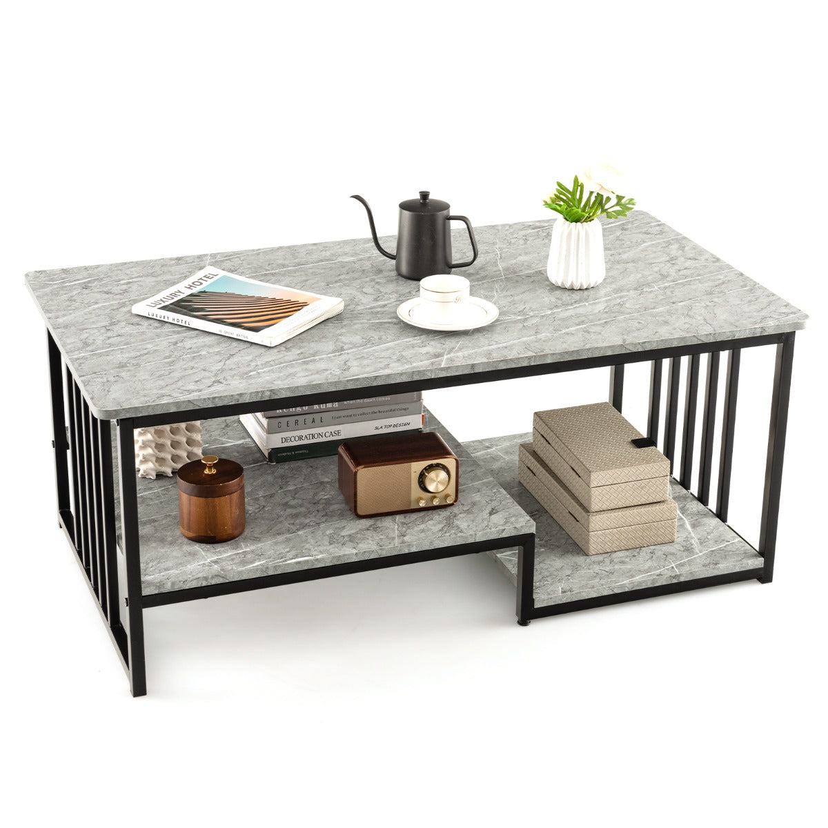 Mesa de Centro de Mármore Sintético de 2 Níveis com Estrutura de Metal para Sala de Estar ou Escritório 110 x 60 x 45 cm Cinzento