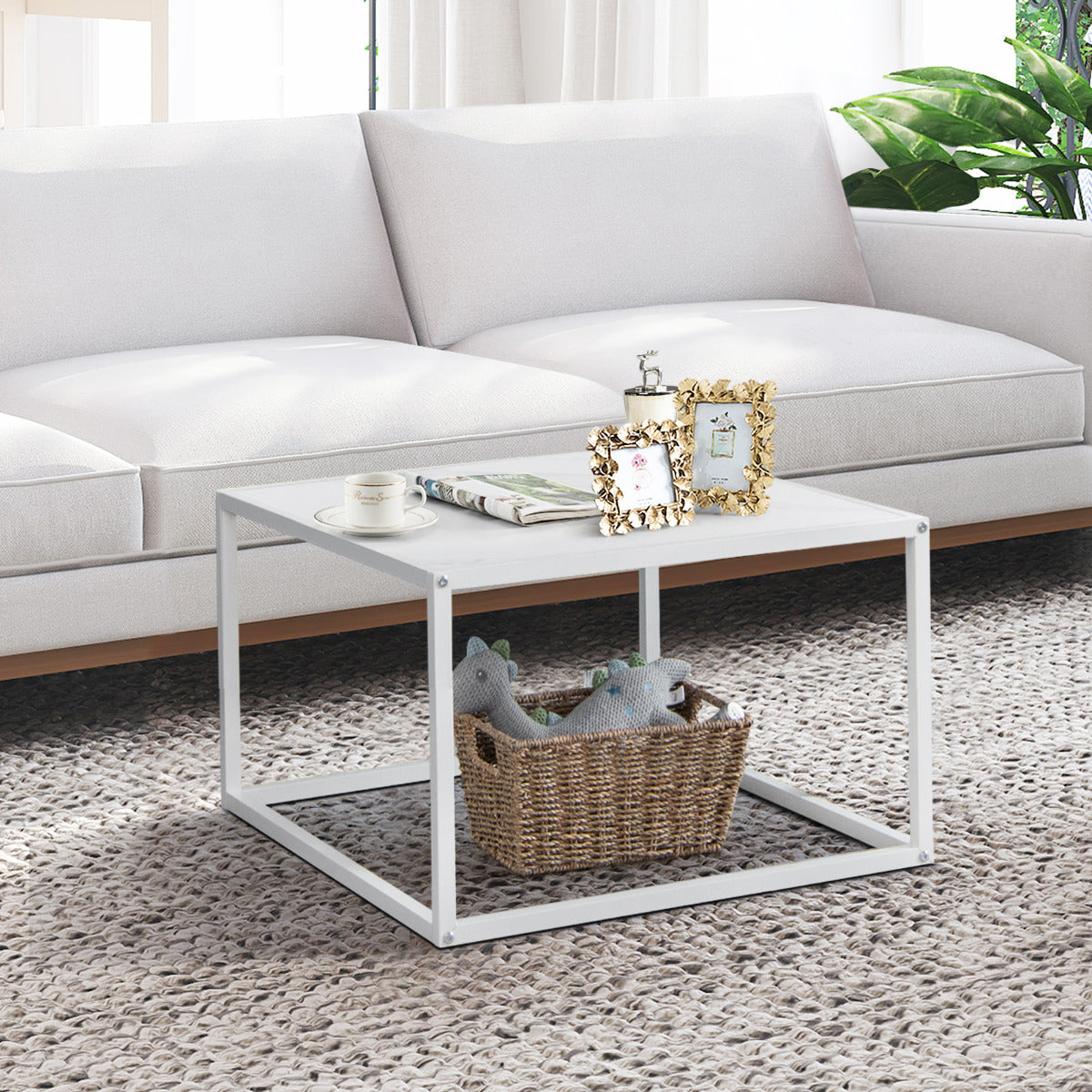 Mesa de Centro Moderna Quadrada Superfície de Imitação de Mármore Estrutura de Aço Mesa Baixa de Coquetel para Sala 70 x 70 x 40 cm Branco