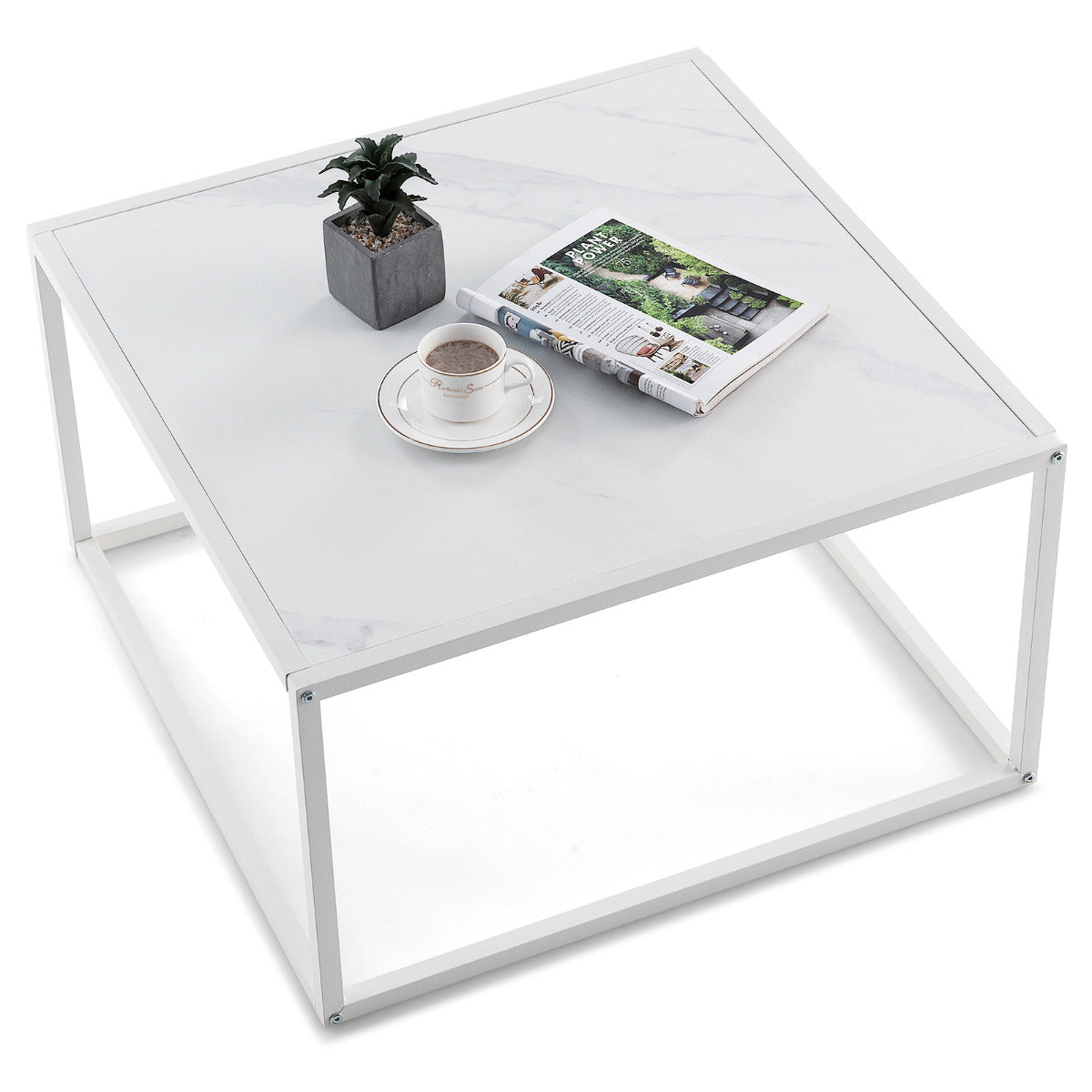 Mesa de Centro Moderna Quadrada Superfície de Imitação de Mármore Estrutura de Aço Mesa Baixa de Coquetel para Sala 70 x 70 x 40 cm Branco