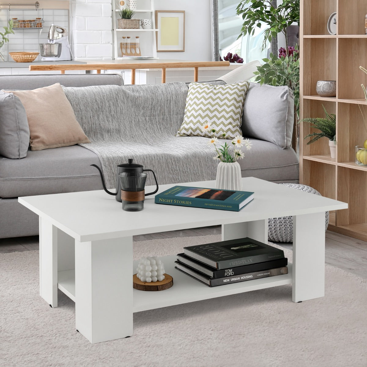 Mesa de Centro Moderna com Prateleira Aberta Retangular em Madeira para Sala 90 x 52 x 32 cm Branca