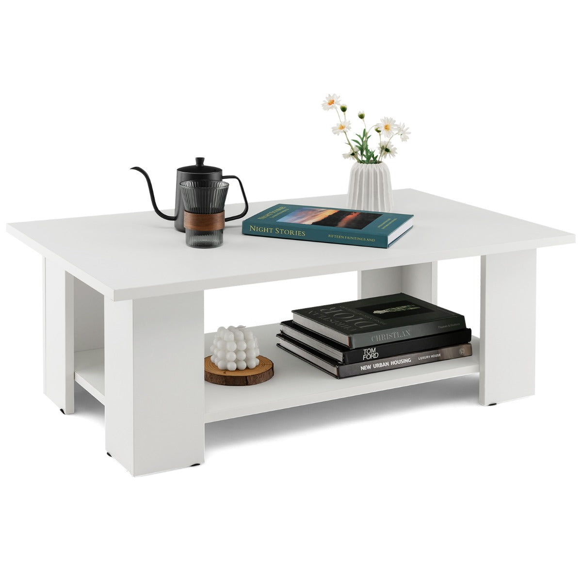 Mesa de Centro Moderna com Prateleira Aberta Retangular em Madeira para Sala 90 x 52 x 32 cm Branca